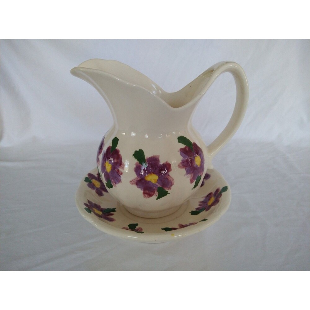 Small Hand Painted Signed Floral Pitcher and Bowl Set 1976 Violets Collectable